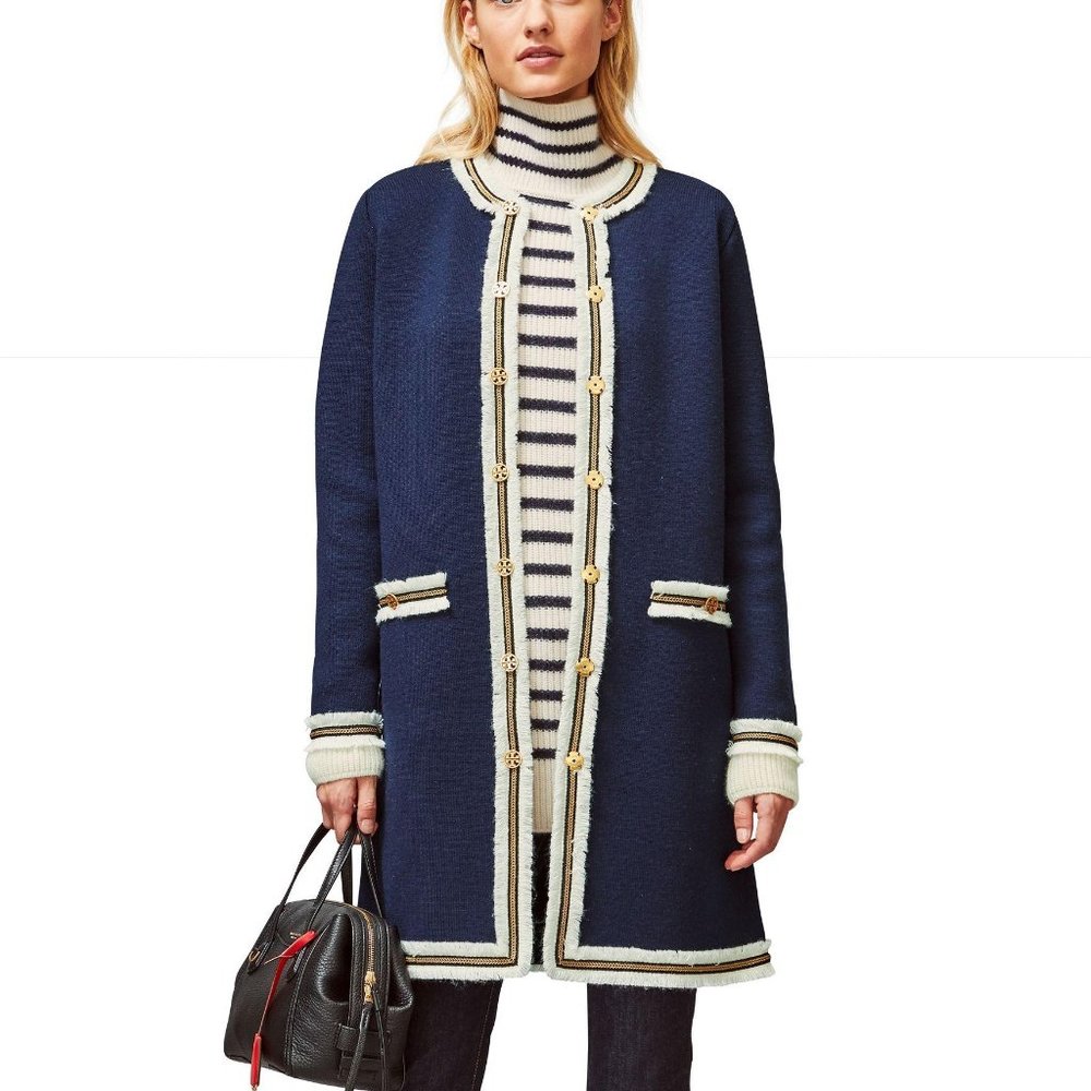 NWT Tory Burch Kendra Fringe-Trimmed navy blue Sweater Coat S